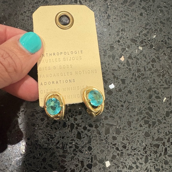 Anthropologie Gold-Tone Earrings with Teal Stones - Picture 5 of 5